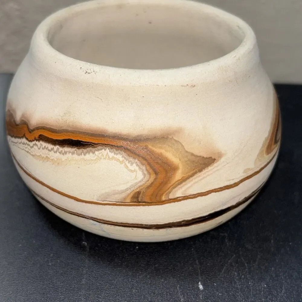 Nemadji Pottery Vintage Bowl / Planter , Orange & Brown Swirl Pattern